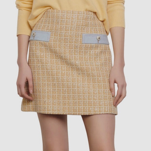 Sandro Women Beige Tweed High Waist Metallic A-Line Mini Short Skirt - size 0 - Picture 1 of 7